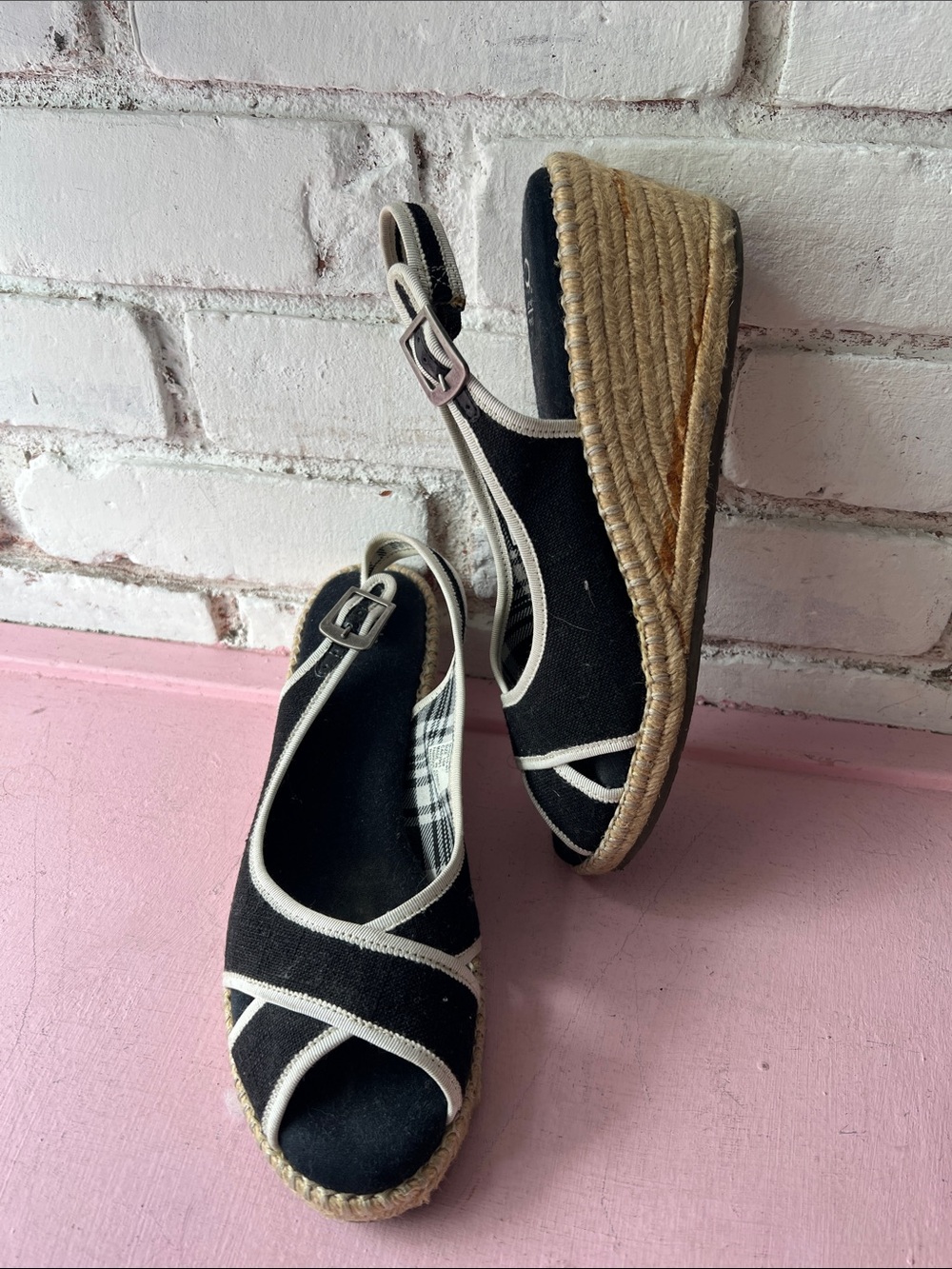 Black and Cream Espadrille Wedge Sandals with peep toe